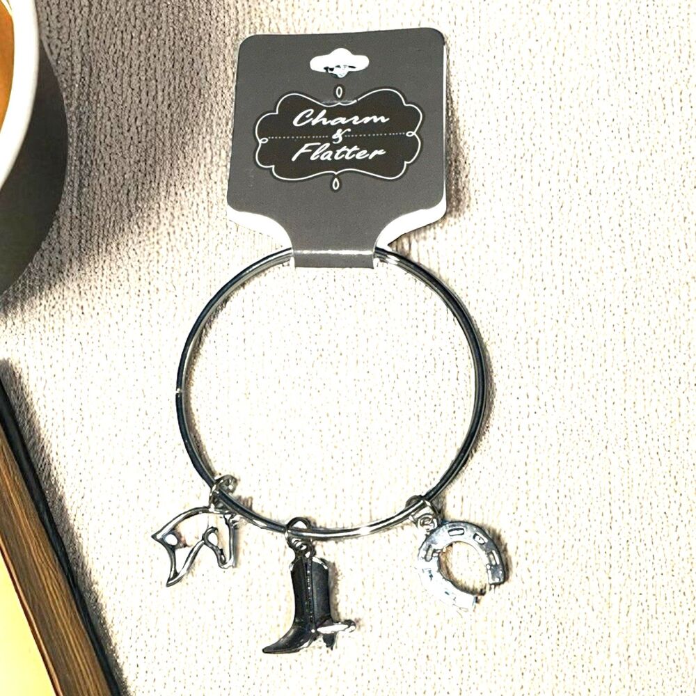 Western Cowgirl Silver Tone Bangle Charm Bracelet - Horse Cowboy Boot Horseshoe